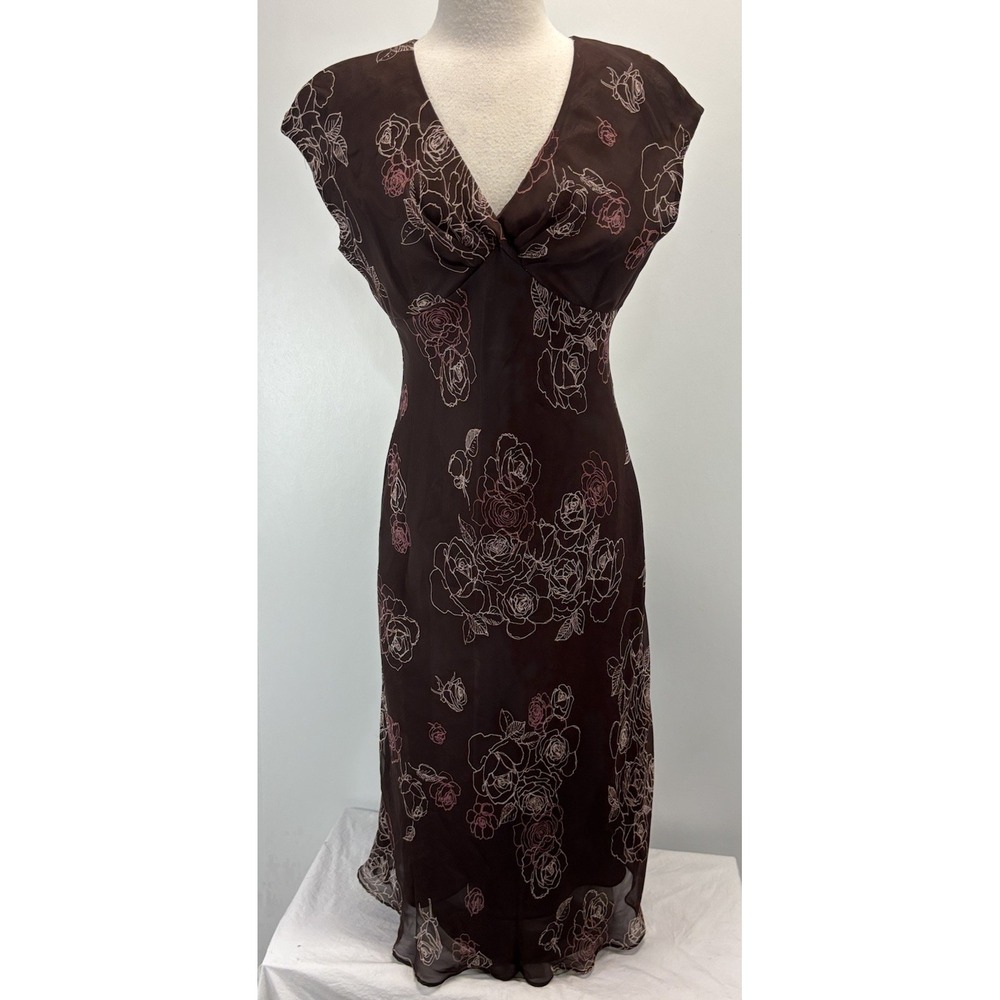 Vtg Jones Wear Midi Dress Women's 10 Chocolate Brown Floral Babydoll Fairy Y2K